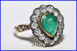 Victorian Style New Hand Made 18k Gold Natural Old Cut Dimaond And Emerald Ring