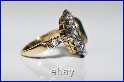 Victorian Style New Hand Made 18k Gold Natural Old Cut Dimaond And Emerald Ring