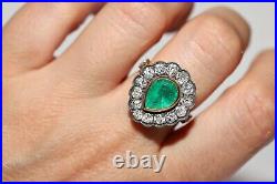 Victorian Style New Hand Made 18k Gold Natural Old Cut Dimaond And Emerald Ring