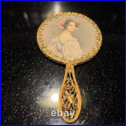 Victorian Style Ornate Brass Hand Mirror Portrait French