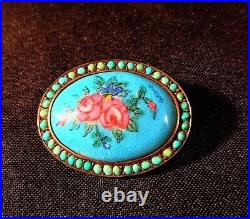 Victorian Unique Brooch Silver & Gold Hand Painted Enamel Turquoise Beads Signed