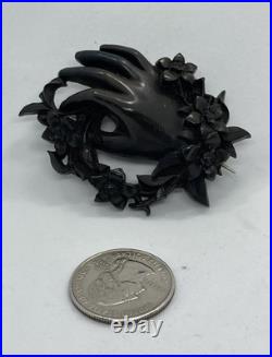 Victorian Whitby Jet Hand Encircled Flower Wreath Momento Mori Mourning Brooch