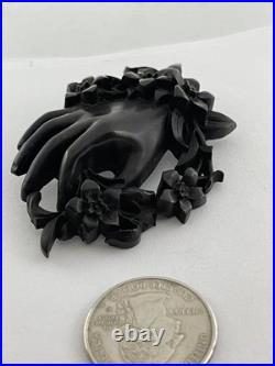 Victorian Whitby Jet Hand Encircled Flower Wreath Momento Mori Mourning Brooch