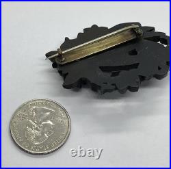 Victorian Whitby Jet Hand Encircled Flower Wreath Momento Mori Mourning Brooch