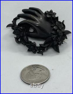 Victorian Whitby Jet Hand Encircled Flower Wreath Momento Mori Mourning Brooch