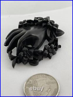 Victorian Whitby Jet Hand Encircled Flower Wreath Momento Mori Mourning Brooch