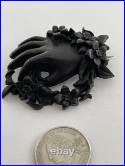 Victorian Whitby Jet Hand Encircled Flower Wreath Momento Mori Mourning Brooch