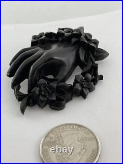 Victorian Whitby Jet Hand Encircled Flower Wreath Momento Mori Mourning Brooch