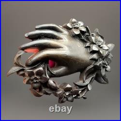 Victorian Whitby Jet Hand Encircled Flower Wreath Momento Mori Mourning Brooch