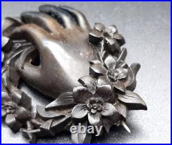 Victorian Whitby Jet Hand Encircled Flower Wreath Momento Mori Mourning Brooch