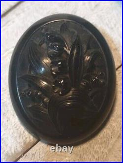 Victorian Whitby Jet Lilly Of The Valley Pin Antique Mourning Jewelry Brooch