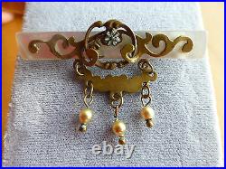 Victorian antique gold filled mother of pearl enamel golden dangle brooch pin