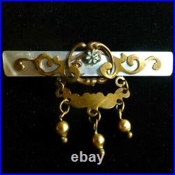 Victorian antique gold filled mother of pearl enamel golden dangle brooch pin