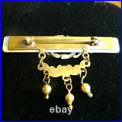 Victorian antique gold filled mother of pearl enamel golden dangle brooch pin