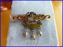 Victorian antique gold filled mother of pearl enamel golden dangle brooch pin