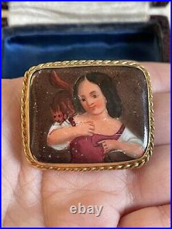 Victorian brooch 19th 9K Gold Cameo Porcelain Hand Painted Girl with a squirrel