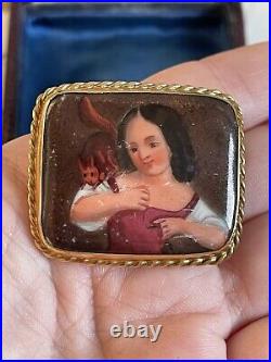 Victorian brooch 19th 9K Gold Cameo Porcelain Hand Painted Girl with a squirrel