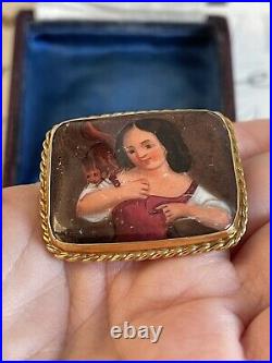 Victorian brooch 19th 9K Gold Cameo Porcelain Hand Painted Girl with a squirrel