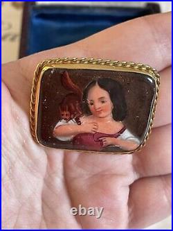 Victorian brooch 19th 9K Gold Cameo Porcelain Hand Painted Girl with a squirrel