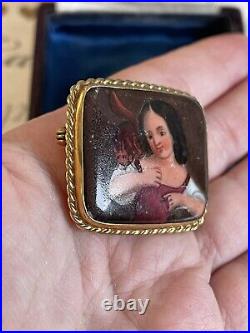 Victorian brooch 19th 9K Gold Cameo Porcelain Hand Painted Girl with a squirrel