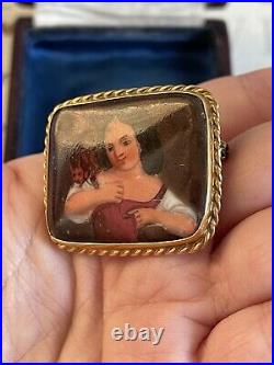 Victorian brooch 19th 9K Gold Cameo Porcelain Hand Painted Girl with a squirrel