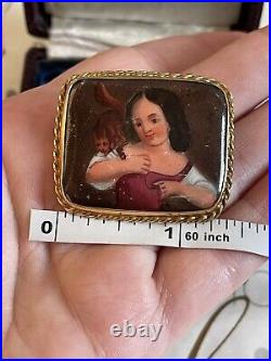 Victorian brooch 19th 9K Gold Cameo Porcelain Hand Painted Girl with a squirrel