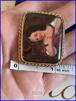 Victorian brooch 19th 9K Gold Cameo Porcelain Hand Painted Girl with a squirrel
