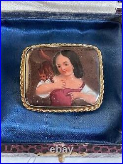 Victorian brooch 19th 9K Gold Cameo Porcelain Hand Painted Girl with a squirrel