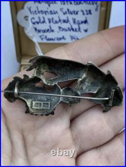 Victorian brooch Antique 19th century Womn's Hand Basket w Flowers GP 838 Silver