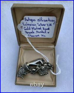 Victorian brooch Antique 19th century Womn's Hand Basket w Flowers GP 838 Silver