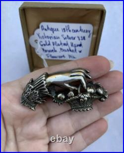 Victorian brooch Antique 19th century Womn's Hand Basket w Flowers GP 838 Silver