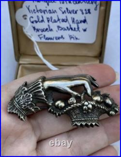 Victorian brooch Antique 19th century Womn's Hand Basket w Flowers GP 838 Silver