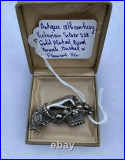 Victorian brooch Antique 19th century Womn's Hand Basket w Flowers GP 838 Silver