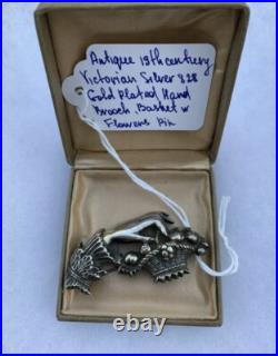Victorian brooch Antique 19th century Womn's Hand Basket w Flowers GP 838 Silver