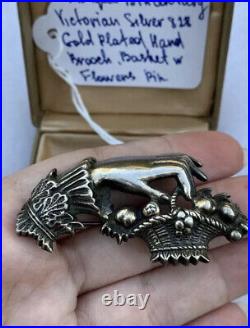 Victorian brooch Antique 19th century Womn's Hand Basket w Flowers GP 838 Silver