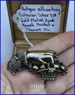 Victorian brooch Antique 19th century Womn's Hand Basket w Flowers GP 838 Silver