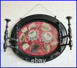 Victorian c1880 Ebony Wood Wall Hat Rack With Floral Hand Beading Under Glass