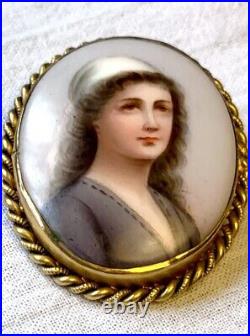 Victorian era hand-painted image of Biblical Ruth on porcelain brooch, mint cond