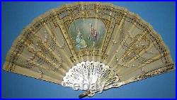 Victorian folding hand fan, MOP Sticks, Hand Painted, & 10kt gold plated loop