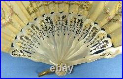 Victorian folding hand fan, MOP Sticks, Hand Painted, & 10kt gold plated loop