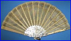 Victorian folding hand fan, MOP Sticks, Hand Painted, & 10kt gold plated loop