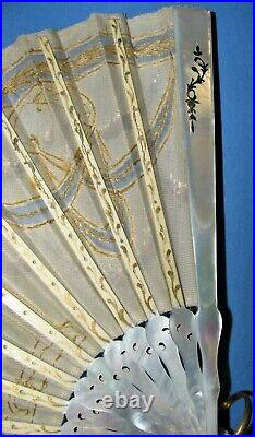 Victorian folding hand fan, MOP Sticks, Hand Painted, & 10kt gold plated loop