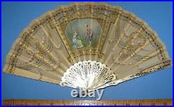 Victorian folding hand fan, MOP Sticks, Hand Painted, & 10kt gold plated loop