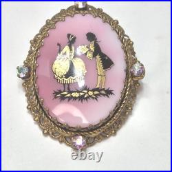 Victorian hand painted Courting Couple ornate gold pink ab crystal brooch pin