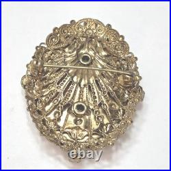 Victorian hand painted Courting Couple ornate gold pink ab crystal brooch pin