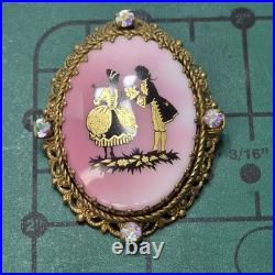 Victorian hand painted Courting Couple ornate gold pink ab crystal brooch pin