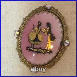 Victorian hand painted Courting Couple ornate gold pink ab crystal brooch pin