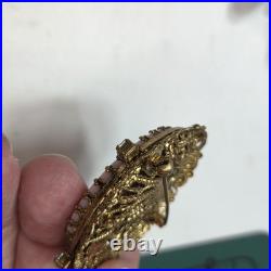 Victorian hand painted Courting Couple ornate gold pink ab crystal brooch pin