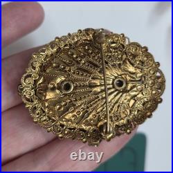 Victorian hand painted Courting Couple ornate gold pink ab crystal brooch pin