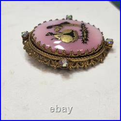 Victorian hand painted Courting Couple ornate gold pink ab crystal brooch pin